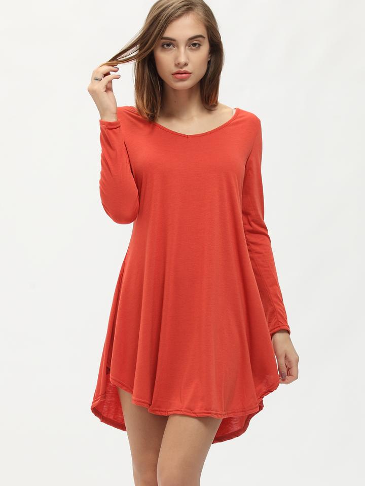 Romwe Brown V Neck Long Sleeve Loose T-shirt