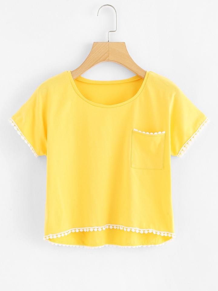 Romwe Crochet Trim Dip Hem Tee