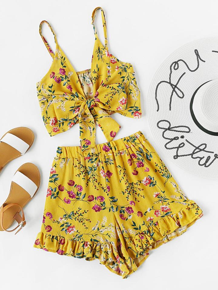 Romwe Random Calico Print Bow Tie Cami Top With Shorts