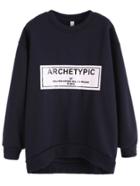 Romwe Navy Letter Print Dropped Shoulder Seam Sweatshirt