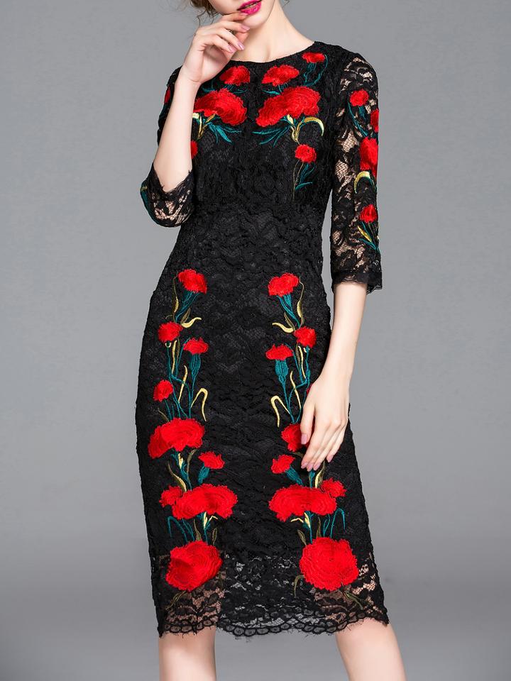 Romwe Black Crew Neck Embroidered Lace Sheath Dress
