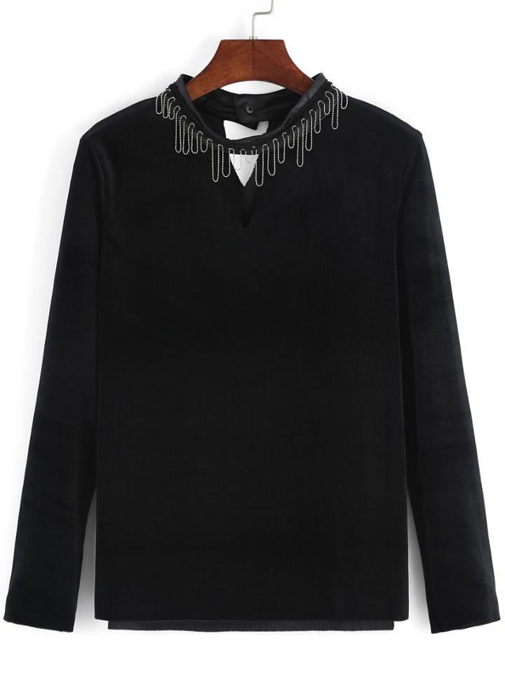Romwe High Neck V Cut Bead Top