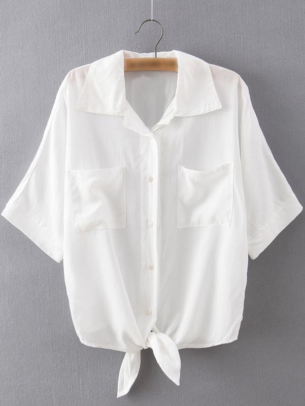 Romwe White Pockets Buttons Front Self-tie Bow Lapel Blouse