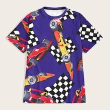 Romwe Guys Racing Car & Checkered Print Tee