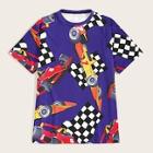 Romwe Guys Racing Car & Checkered Print Tee
