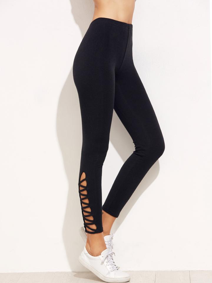 Romwe Black Lattice Hem Leggings