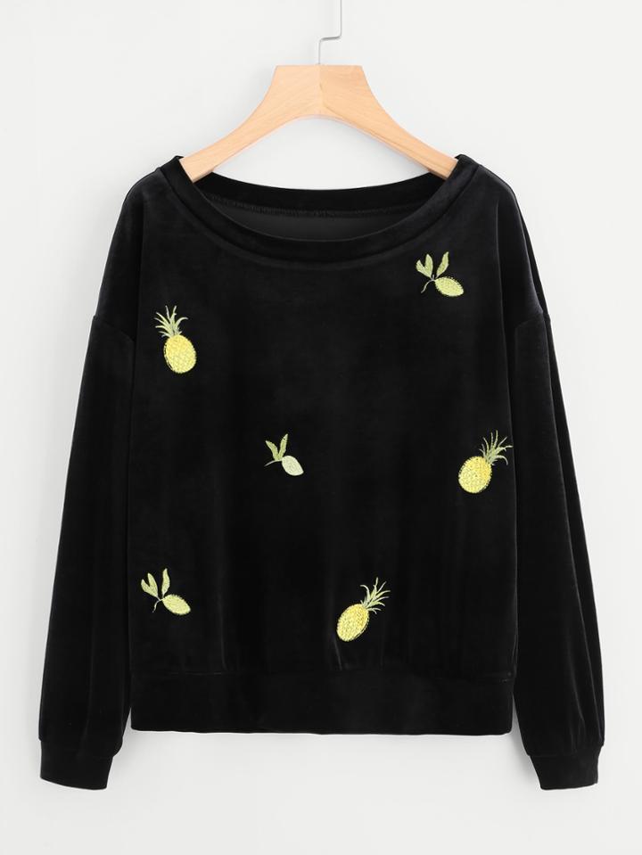 Romwe Pineapple Embroidered Velvet Sweatshirt