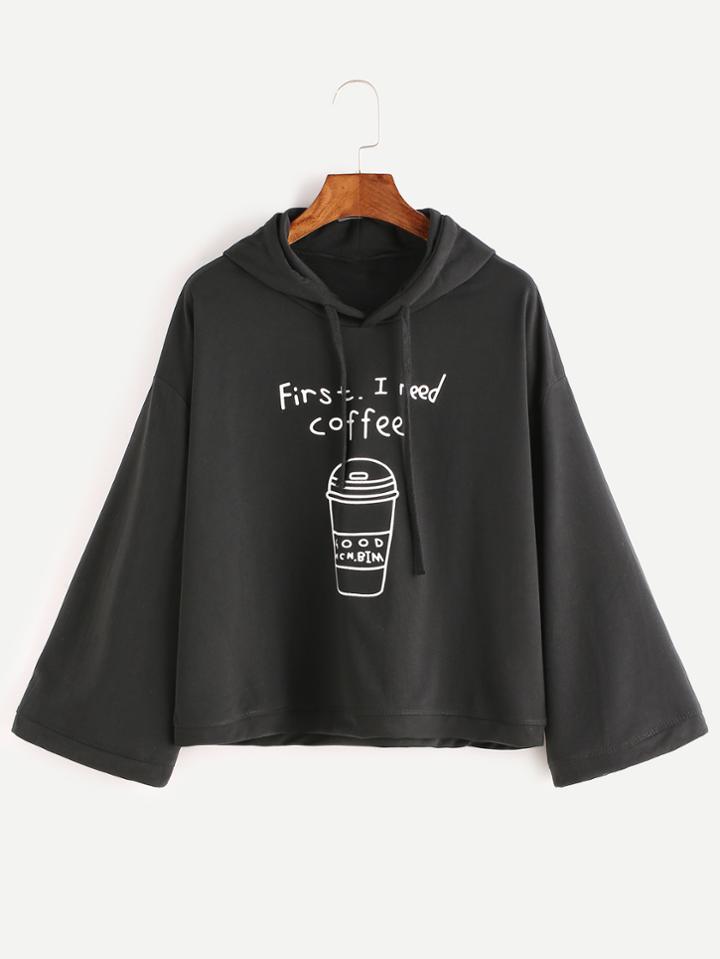 Romwe Black Hooded Drop Shoulder Printed Sweatshirt