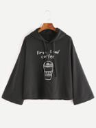 Romwe Black Hooded Drop Shoulder Printed Sweatshirt
