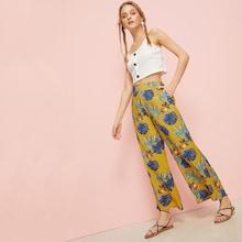 Romwe Tropical Print Wide Leg Pants