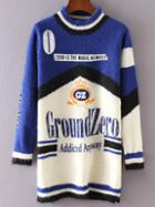 Romwe Color Block Crew Neck Stripe Trim Long Fluffy Sweater