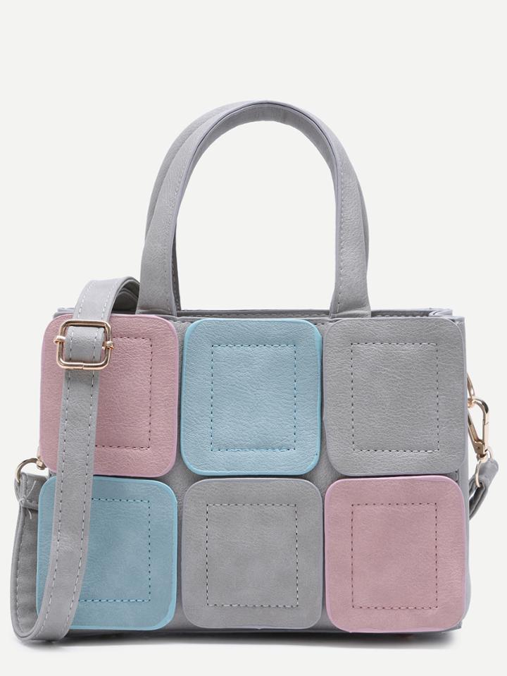 Romwe Color Block Sudoku Patch Mini Handbag With Strap