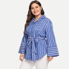 Romwe Plus Belted Striped Blouse