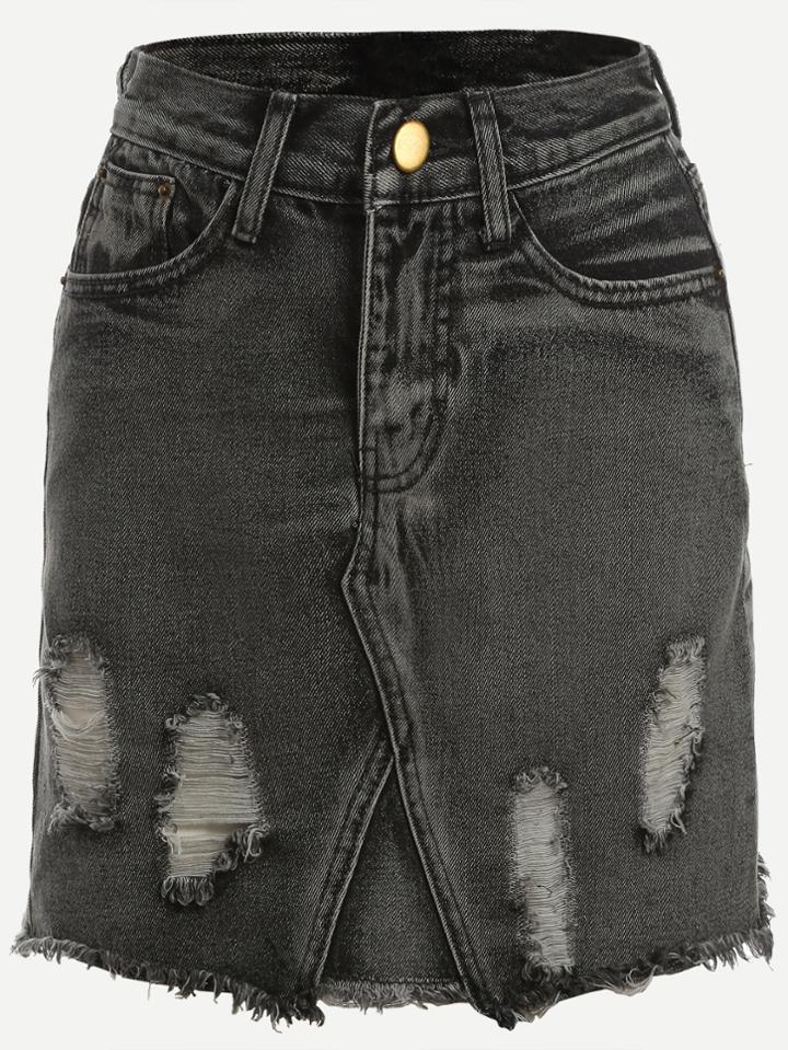 Romwe Grey Ripped Raw Hem Denim Pencil Skirt