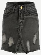 Romwe Grey Ripped Raw Hem Denim Pencil Skirt