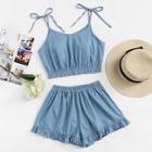 Romwe Frill Trim Cami Top With Shorts