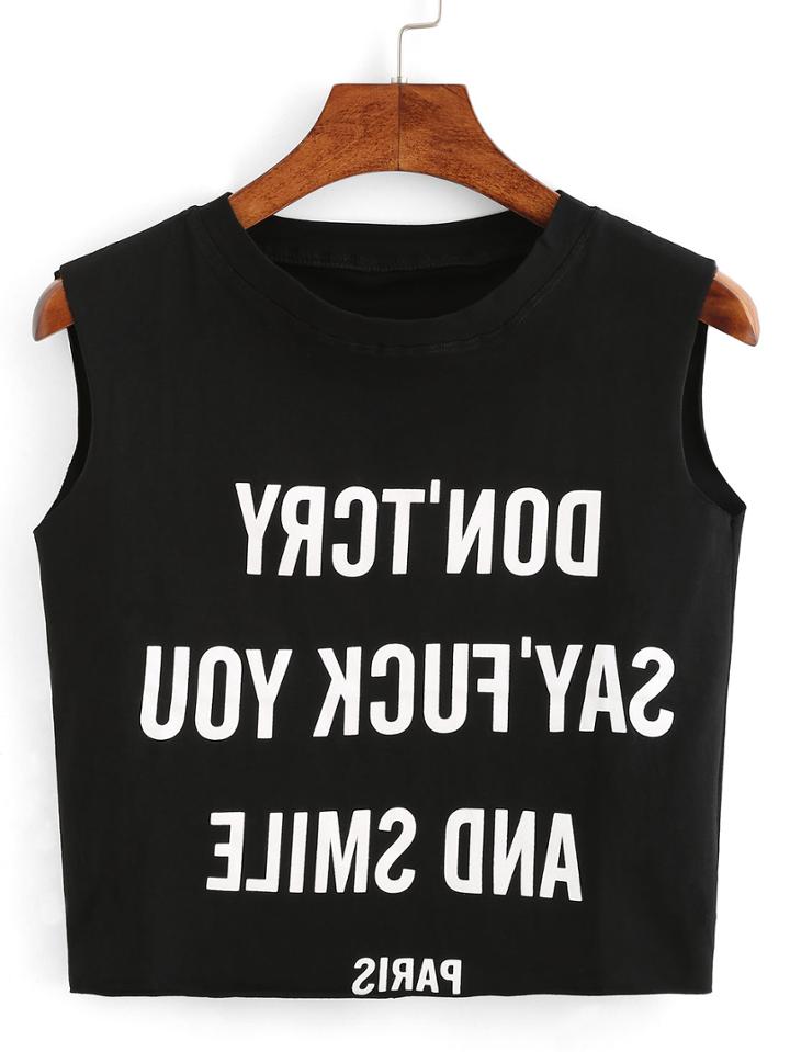 Romwe Opposite Letter Print Crop Tank Top