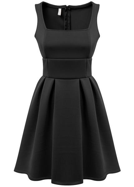 Romwe Black Square Neck Sleeveless Pleated Dress