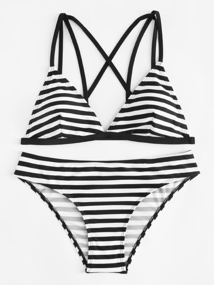 Romwe Strappy Striped Bikini Set