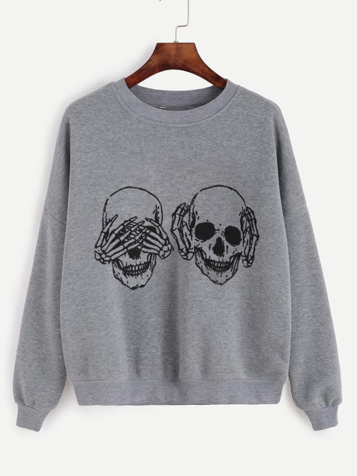 Romwe Grey Skull Print Drop Shoulder Sweatshirt