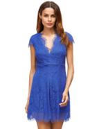 Romwe Royal Blue Deep V Neck Cap Sleeve Lace Dress