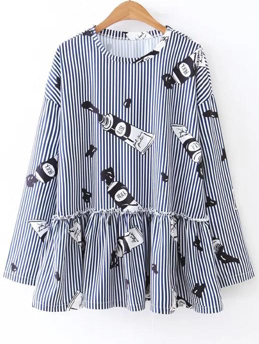 Romwe Vertical Striped Print Ruffle Hem Blouse