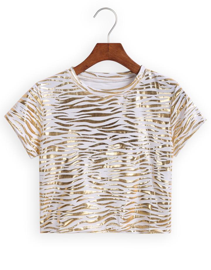 Romwe Leaf Pattern Crop White T-shirt