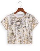 Romwe Leaf Pattern Crop White T-shirt