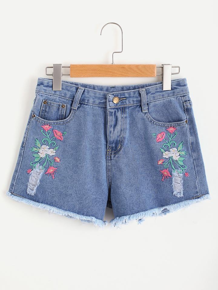 Romwe Floral Embroidered Fray Hem Distressed Shorts