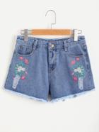 Romwe Floral Embroidered Fray Hem Distressed Shorts