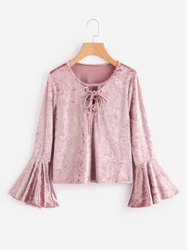 Romwe Velvet Eyelet Lace Up Flare Sleeve Top