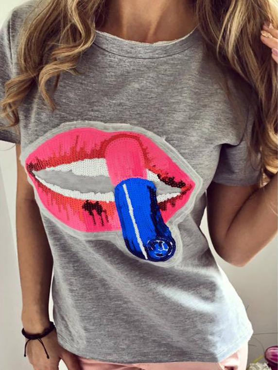 Romwe Grey Sequin Lip Zip Back High Low T-shirt