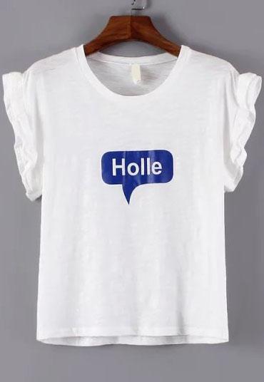 Romwe Fungus Sleeve Letter Print White T-shirt