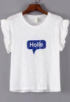 Romwe Fungus Sleeve Letter Print White T-shirt