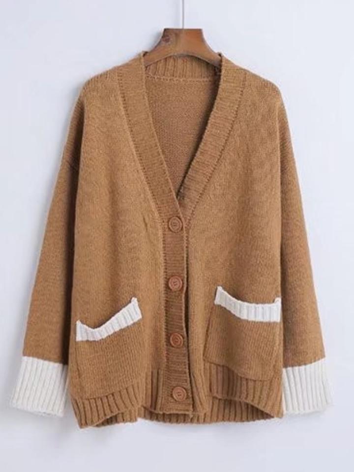 Romwe Contrast Rib Trim Button Up Cardigan