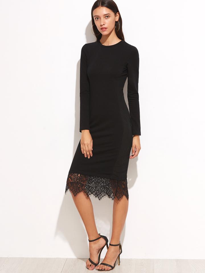 Romwe Lace Trim Midi Pencil Dress
