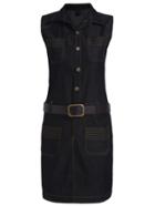 Romwe Lapel Belt Pockets Button Down Denim Black Dress