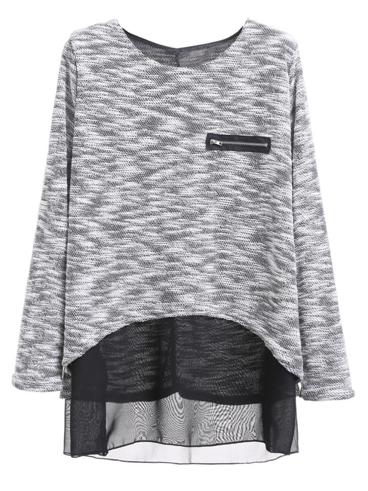 Romwe Contrast Mesh Hem Slub T-shirt With Zip Detail