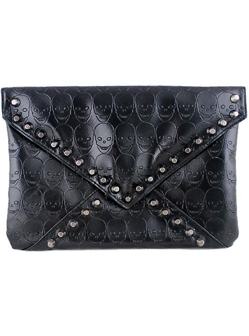 Romwe Black Skull Pattern Rivet Clutch Bag
