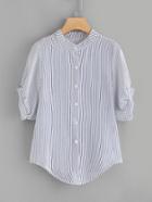 Romwe Lantern Sleeve Single Breasted Striped Shirt