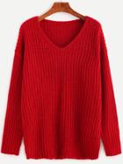 Romwe Red V Neck Dropped Shoulder Seam Sweater