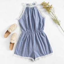 Romwe Lace Trim Elastic Waist Halter Romper