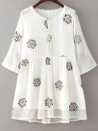 Romwe White Floral Embroidery Double Layered Dress