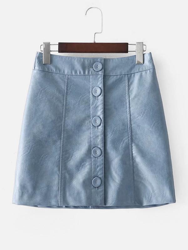 Romwe Button Up Pu Skirt