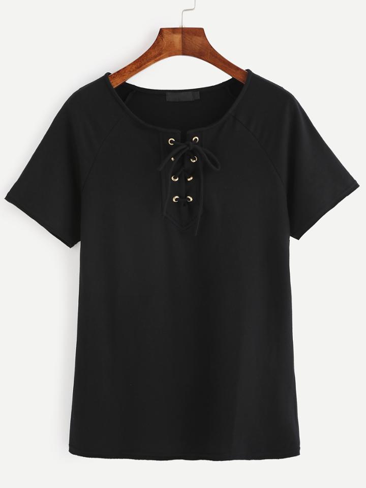 Romwe Black Eyelet Lace Up Drop Shoulder T-shirt