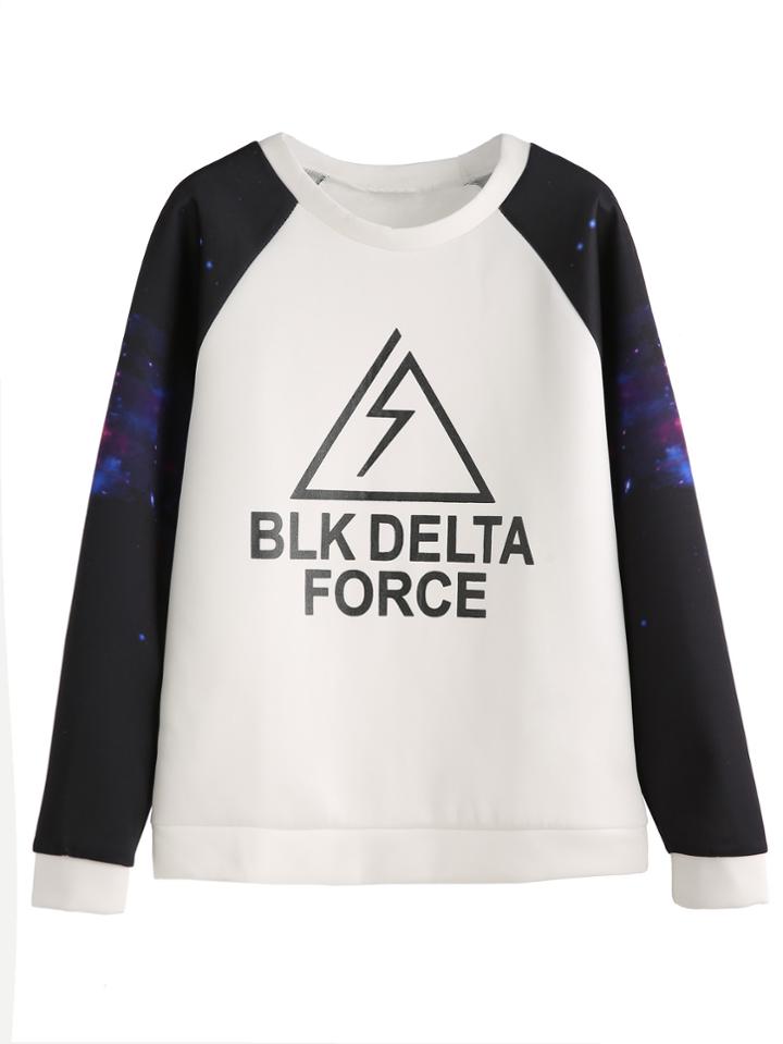 Romwe White Contrast Printed Raglan Sleeve Sweatshirt