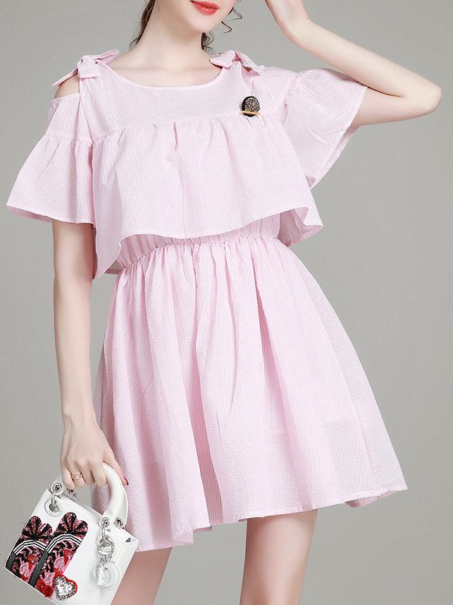 Romwe Pink Off The Shoulder Striped A-line Dress