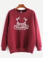 Romwe Burgundy Ribbed Trim Christmas Print Sweatshirt