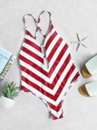 Romwe Red White Chevron Print Plunge Neck Crisscross Swimsuit