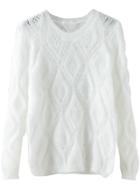 Romwe Long Sleeve Hollow Mohair White Sweater